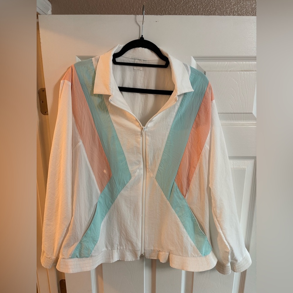 Casual White Bomber Jacket with Mint and Peach Chevron Accents